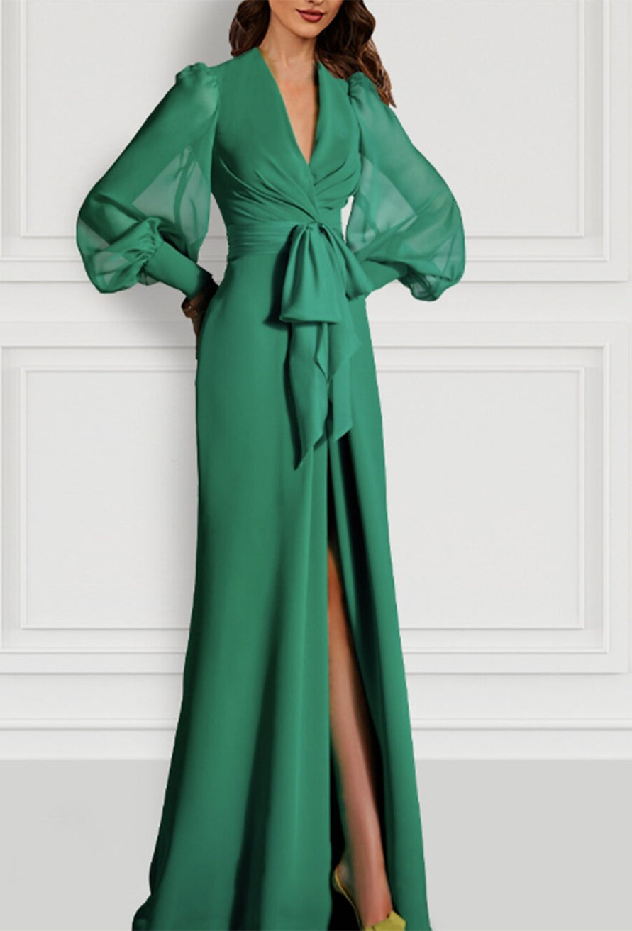 Long Sleeve V-Neck Chiffon Mother of the Bride Dress with Mermaid Train and Strappy Slit