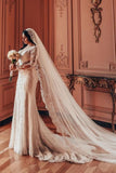 Long Sleeve V-Neck Lace A-Line Stain Wedding Dresses with Ruffles