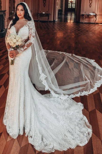 Long Sleeve V-Neck Lace A-Line Stain Wedding Dresses with Ruffles-misshow.com