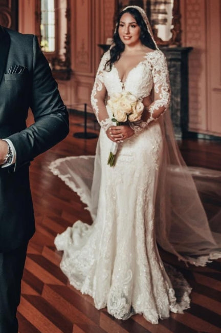 Long Sleeve V-Neck Lace A-Line Stain Wedding Dresses with Ruffles-misshow.com
