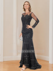 Long-Sleeved Scoop Neck Mermaid/Trumpet Mother of the Bride Dress with Applique