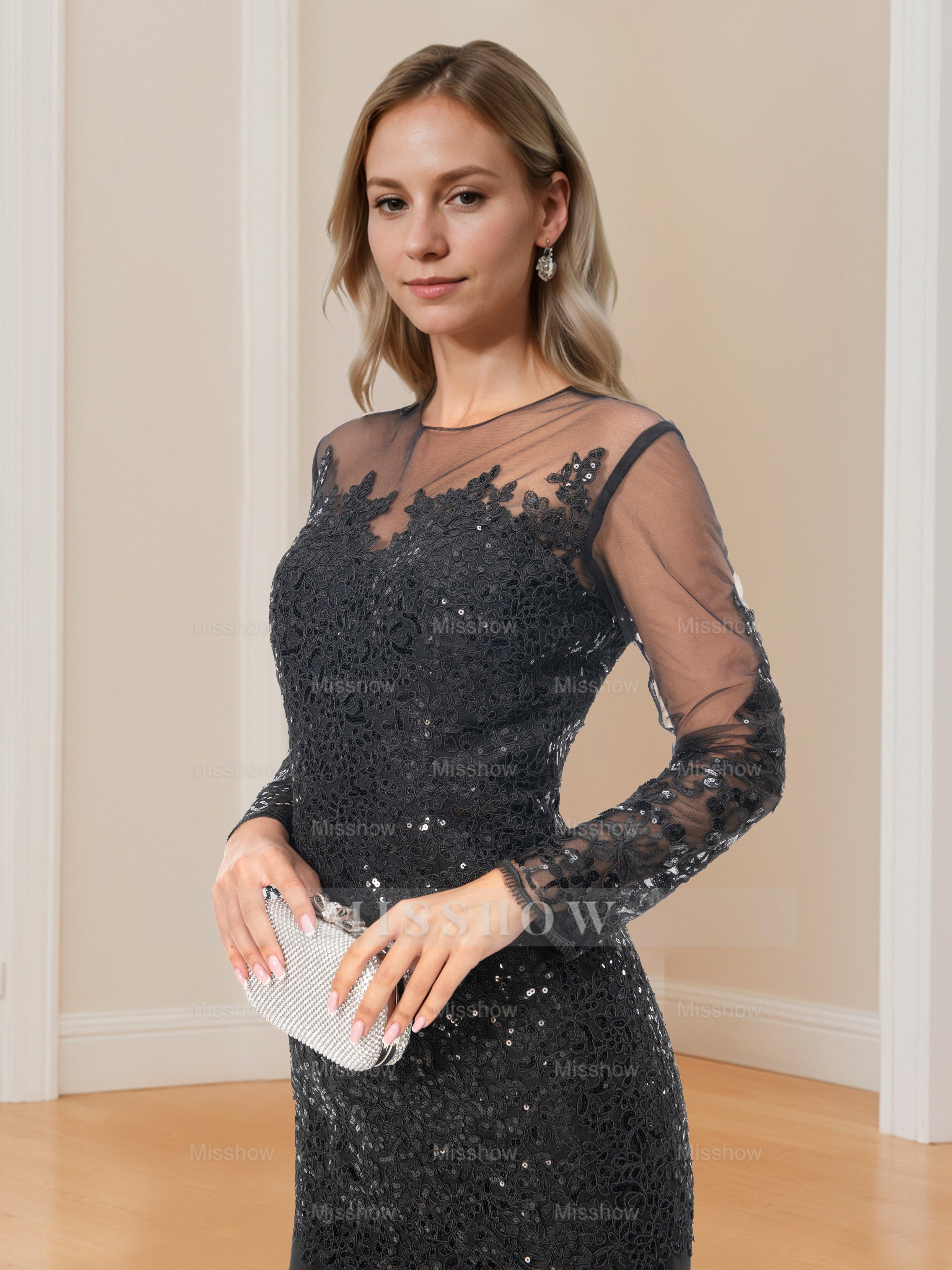 Long-Sleeved Scoop Neck Mermaid/Trumpet Mother of the Bride Dress with Applique