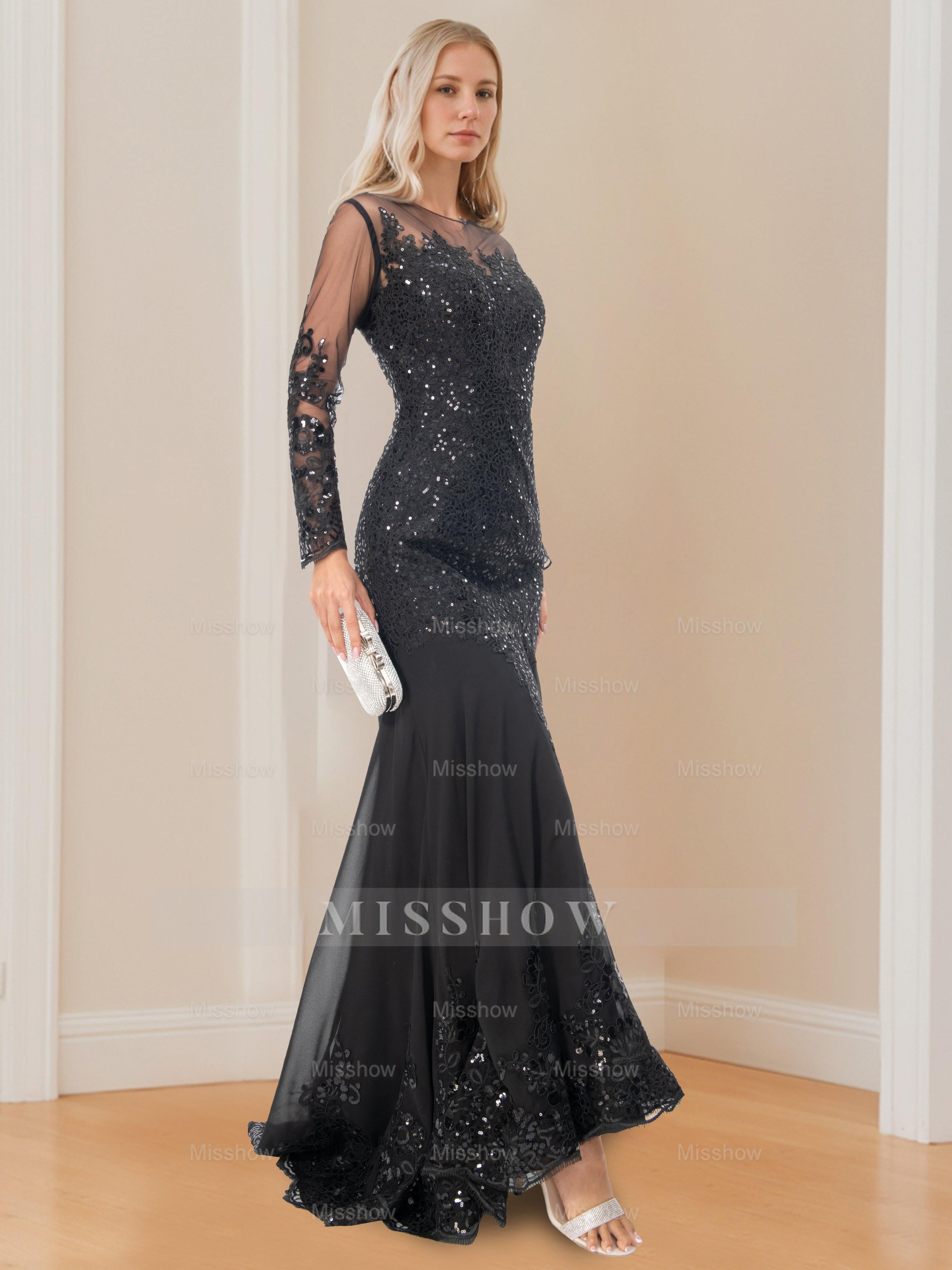 Long-Sleeved Scoop Neck Mermaid/Trumpet Mother of the Bride Dress with Applique
