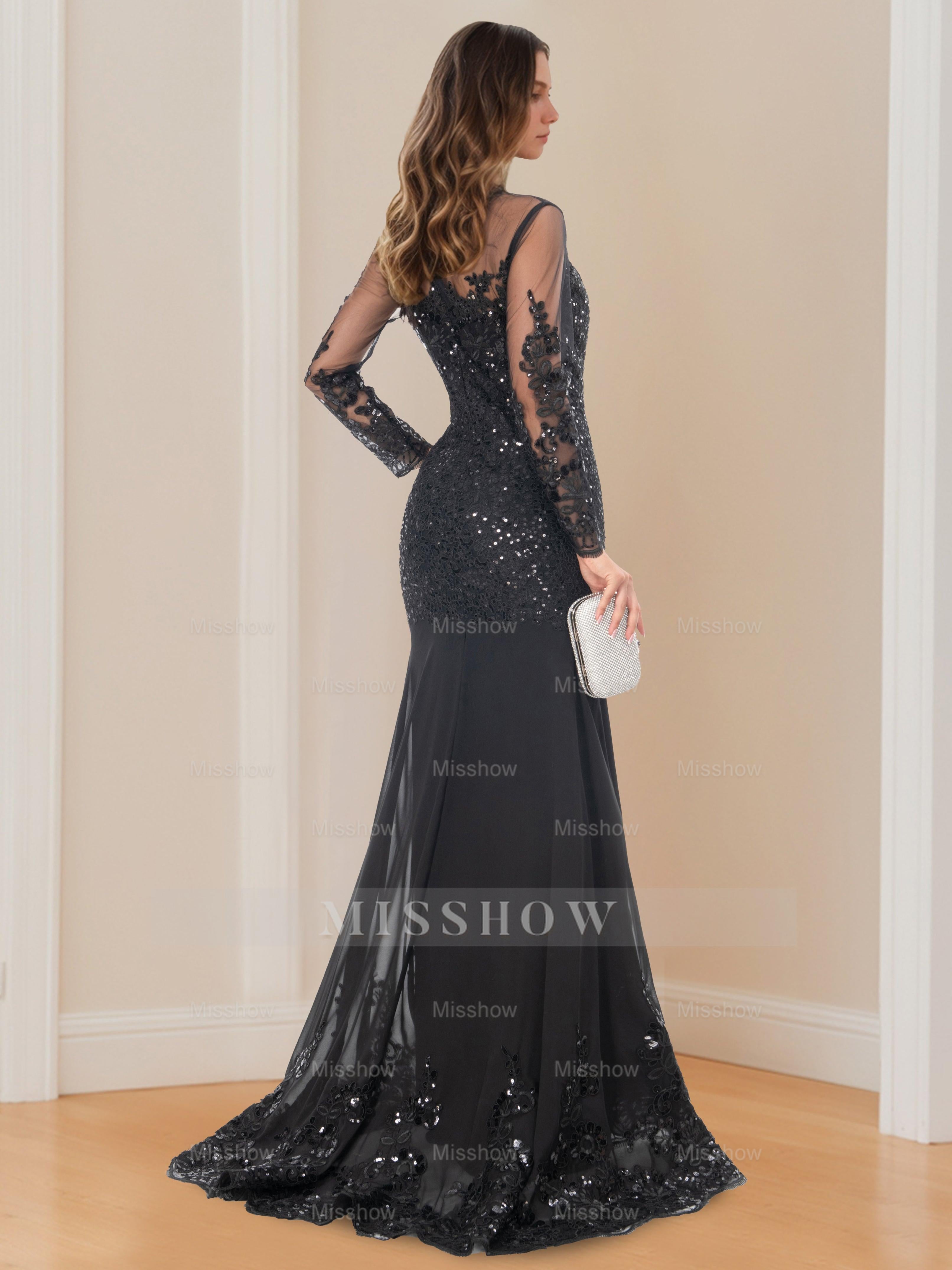 Long-Sleeved Scoop Neck Mermaid/Trumpet Mother of the Bride Dress with Applique