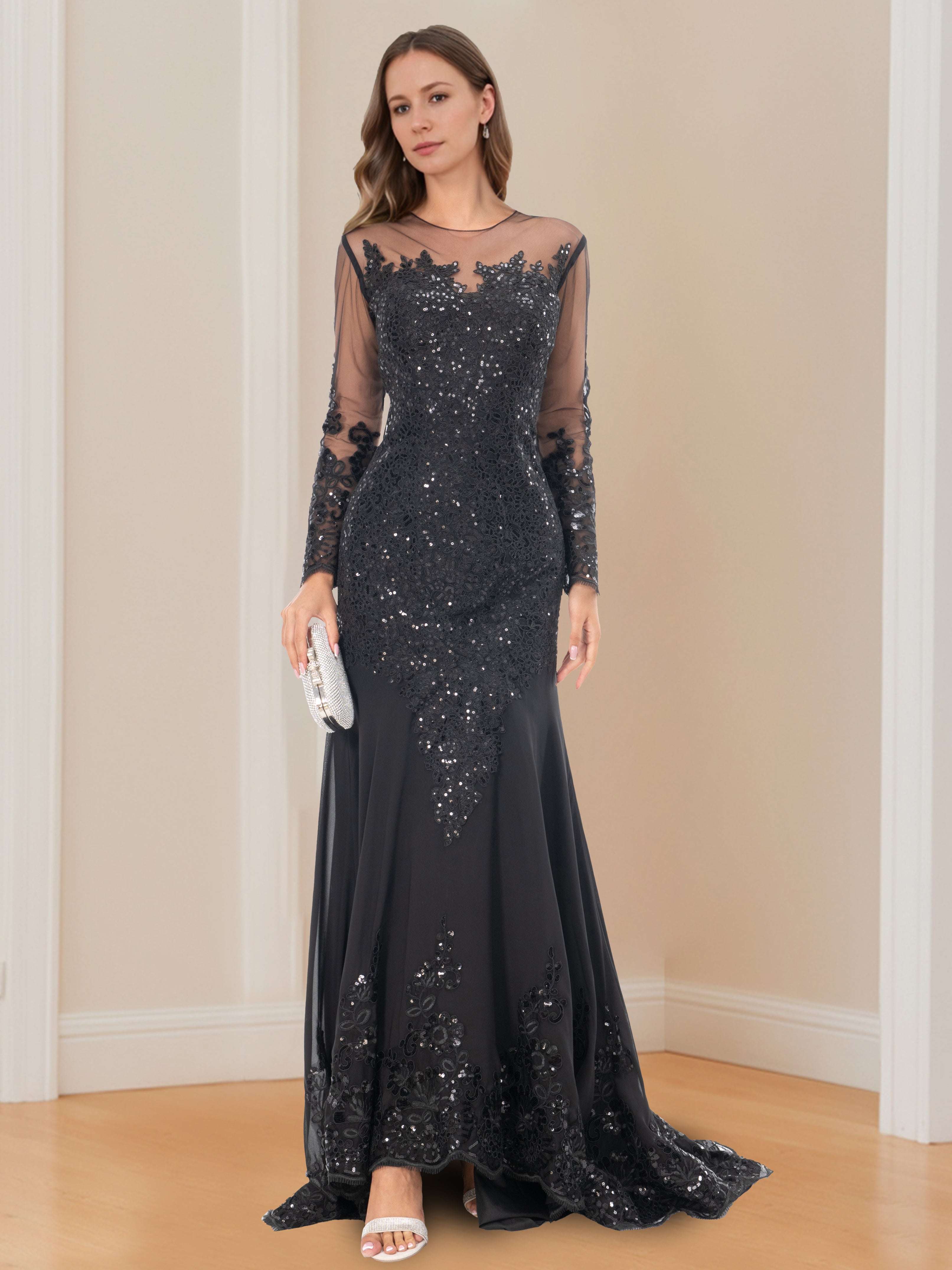 Long-Sleeved Scoop Neck Mermaid/Trumpet Mother of the Bride Dress with Applique