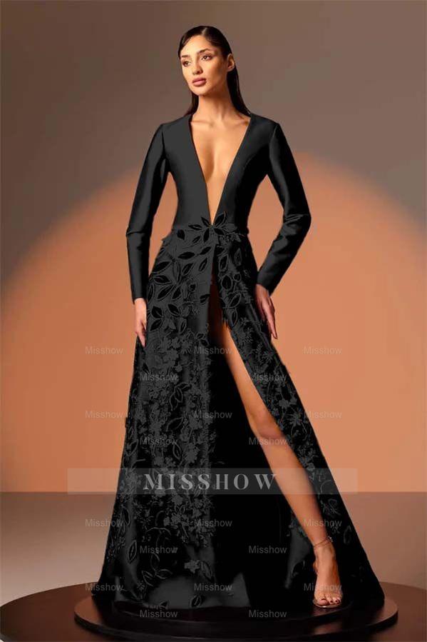 Long Sleeves Deep V Neck High Split Long Formal Dress With Appliques