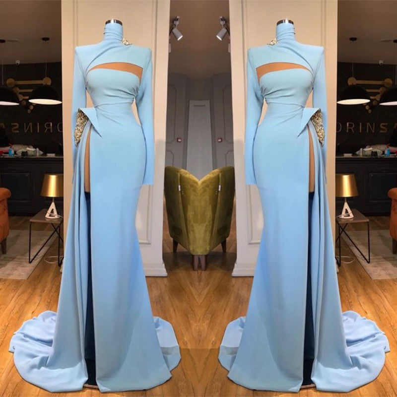 Long Sleeves High Neck Mermaid Prom Evening Dresses Long With Slit