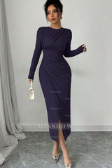 Long Sleeves Jewel Neck Tea Length Formal Dress With Split Pleated
