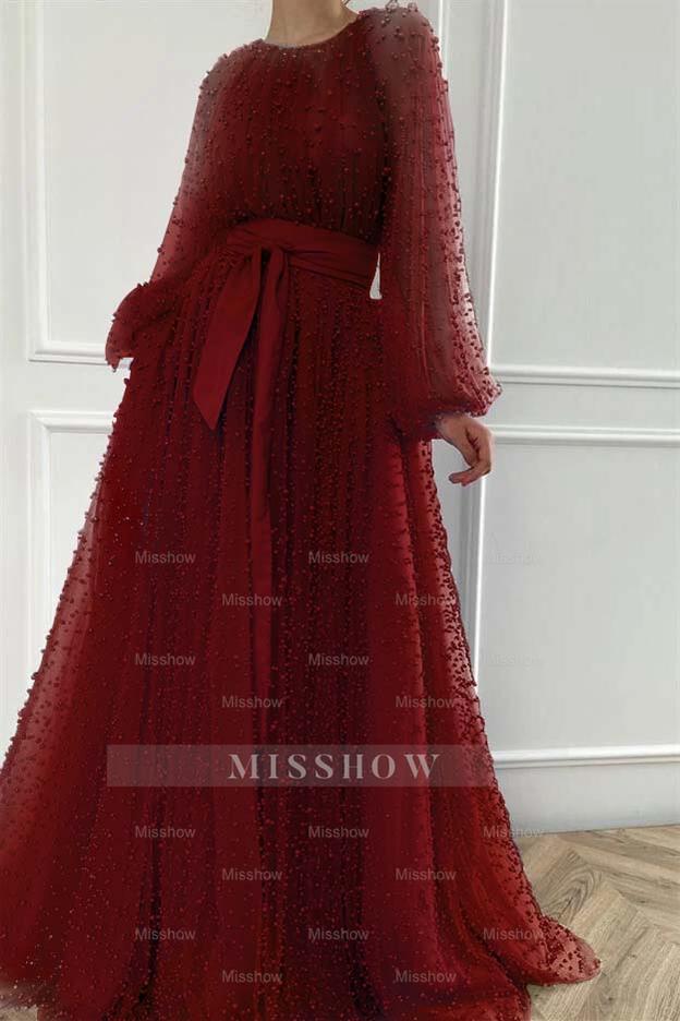Long Sleeves Long Jewel Neck Formal Dress With Pleated Beading