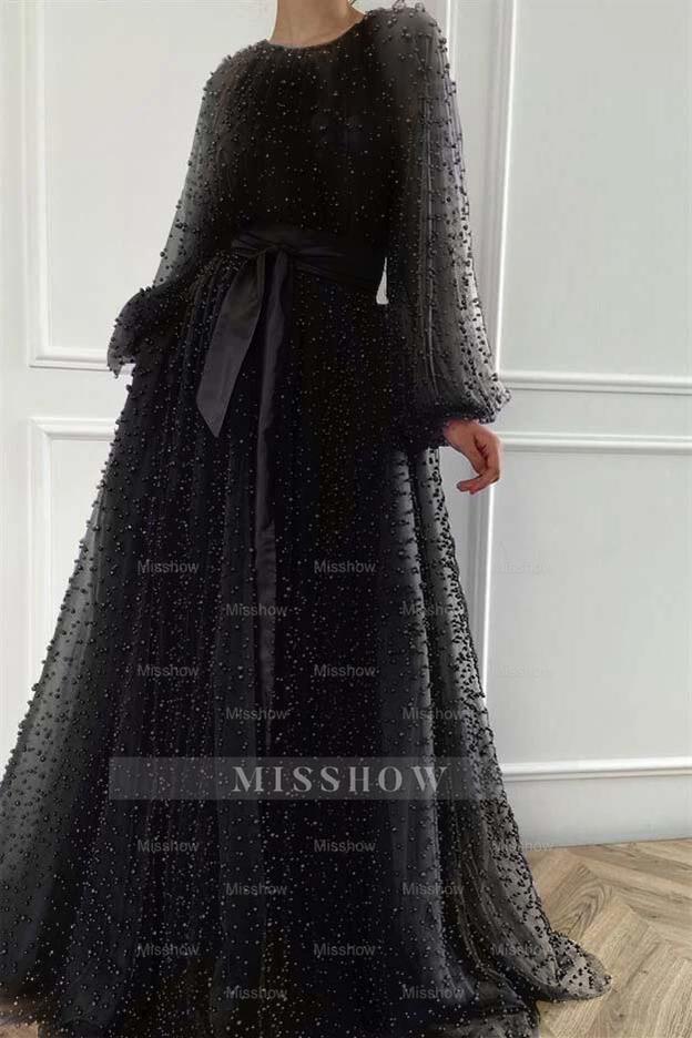 Long Sleeves Long Jewel Neck Formal Dress With Pleated Beading