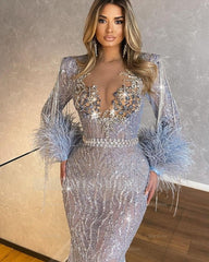 Long Sleeves Mermaid Beaded Tassels Long Formal Dress With Feathers