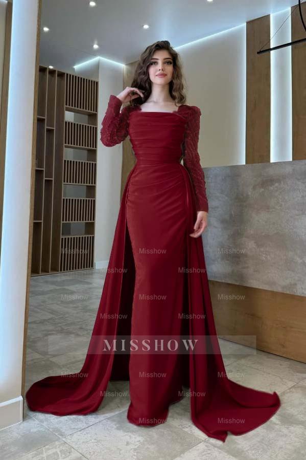 Long Sleeves Square Neck Long Mermaid Formal Dress With Pleated