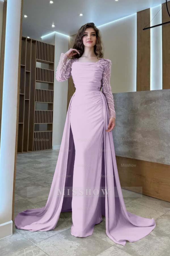 Long Sleeves Square Neck Long Mermaid Formal Dress With Pleated