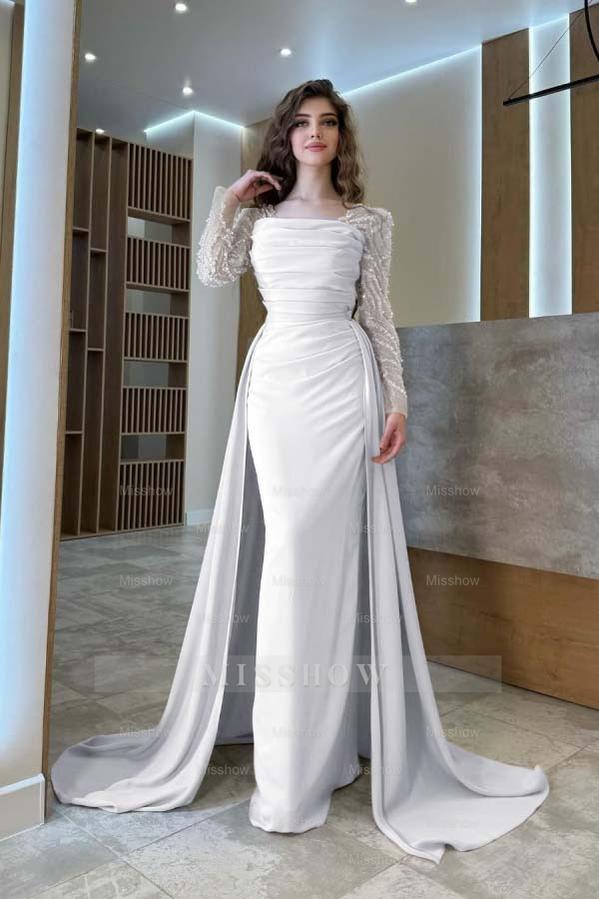 Long Sleeves Square Neck Long Mermaid Formal Dress With Pleated