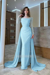 Long Sleeves Square Neck Long Mermaid Formal Dress With Pleated