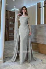 Long Sleeves Square Neck Long Mermaid Formal Dress With Pleated