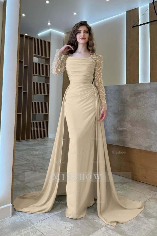 Long Sleeves Square Neck Long Mermaid Formal Dress With Pleated