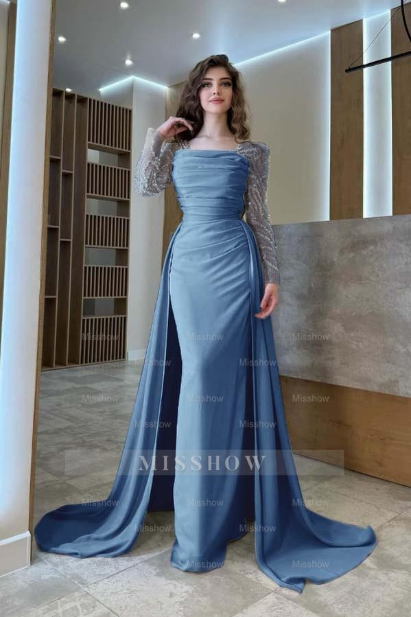 Long Sleeves Square Neck Long Mermaid Formal Dress With Pleated
