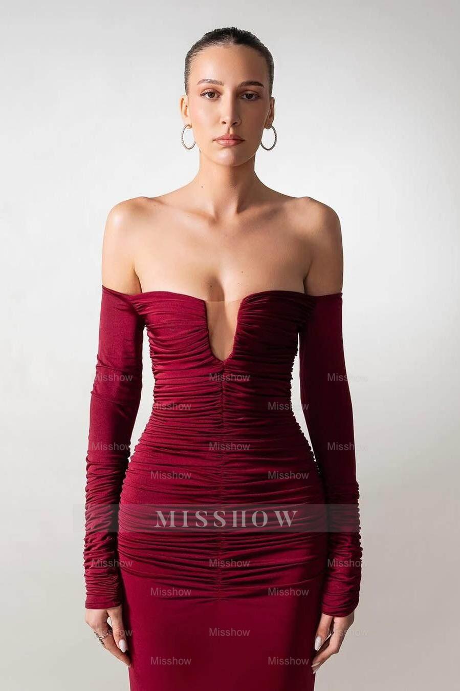 Long Sleeves Strapless Off the Shoulder Long Mermaid Formal Dress With Pleated