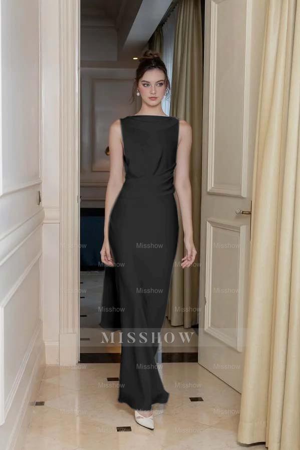 Long Slimming Sleeveless Formal Dress Flowy Backless With Pleated