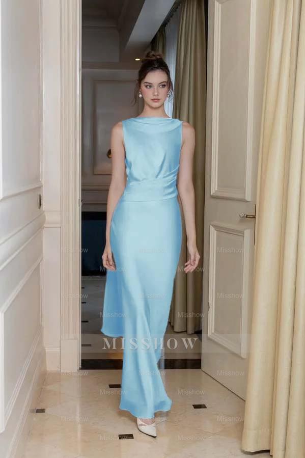 Long Slimming Sleeveless Formal Dress Flowy Backless With Pleated