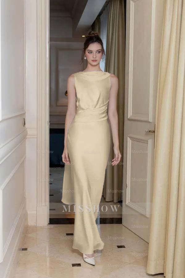 Long Slimming Sleeveless Formal Dress Flowy Backless With Pleated