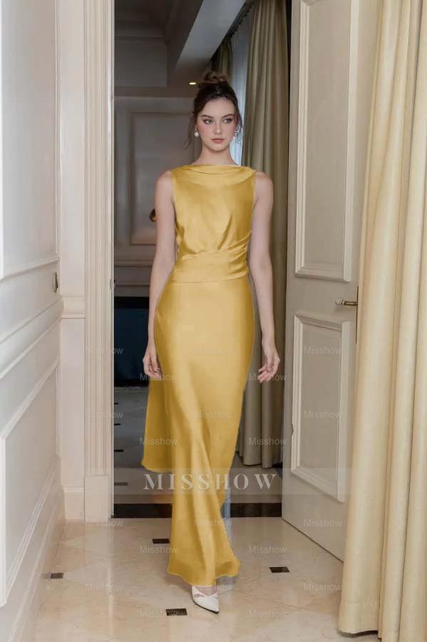 Long Slimming Sleeveless Formal Dress Flowy Backless With Pleated