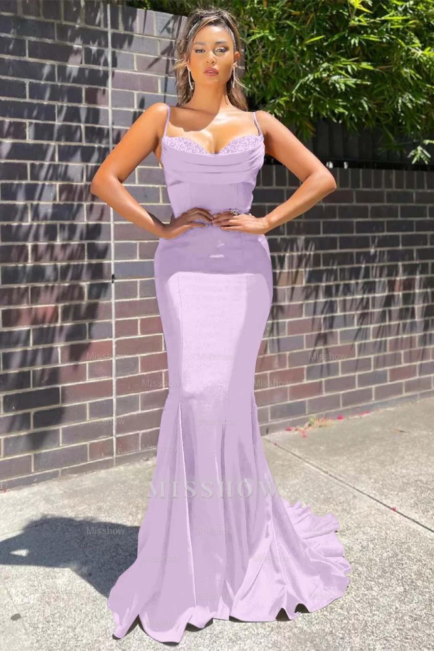 Long Spaghetti Strap Sleeveless Mermaid Ruffles Formal Dress With Beadings