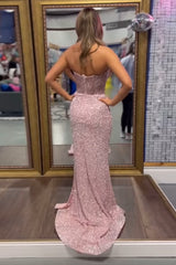 Long Sparkly Corset Prom Dress with Blush Sequins and Slit