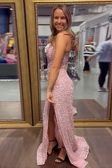 Long Sparkly Corset Prom Dress with Blush Sequins and Slit