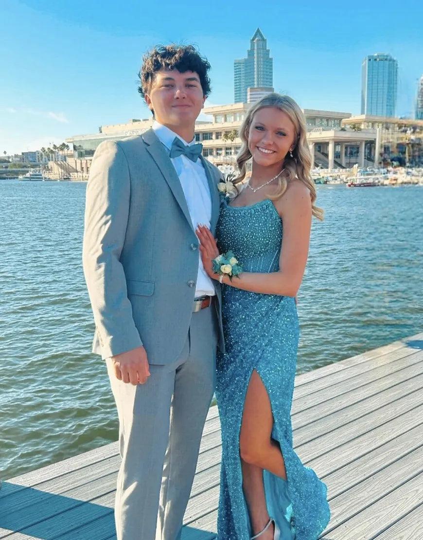 Long Strapless Gold Corset Prom Dress with Sparkly Sequins and Beading