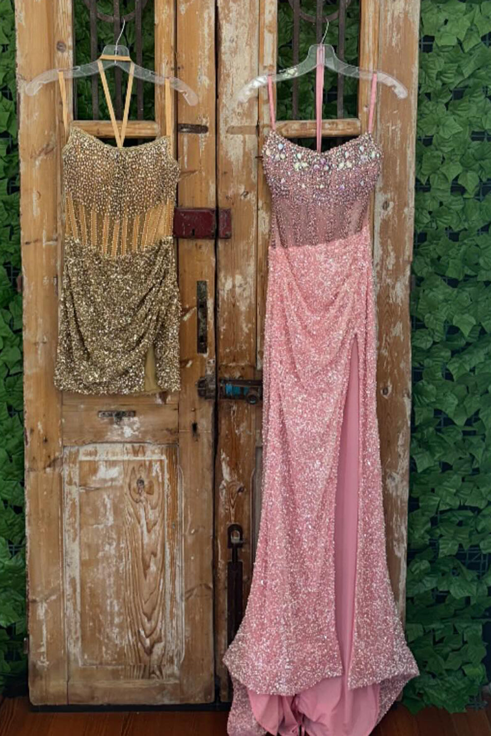 Long Strapless Gold Corset Prom Dress with Sparkly Sequins and Beading
