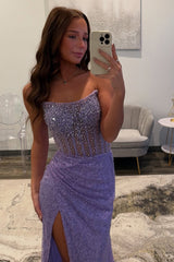 Long Strapless Lavender Corset Dress with Sparkly Sequins and Beading for Prom