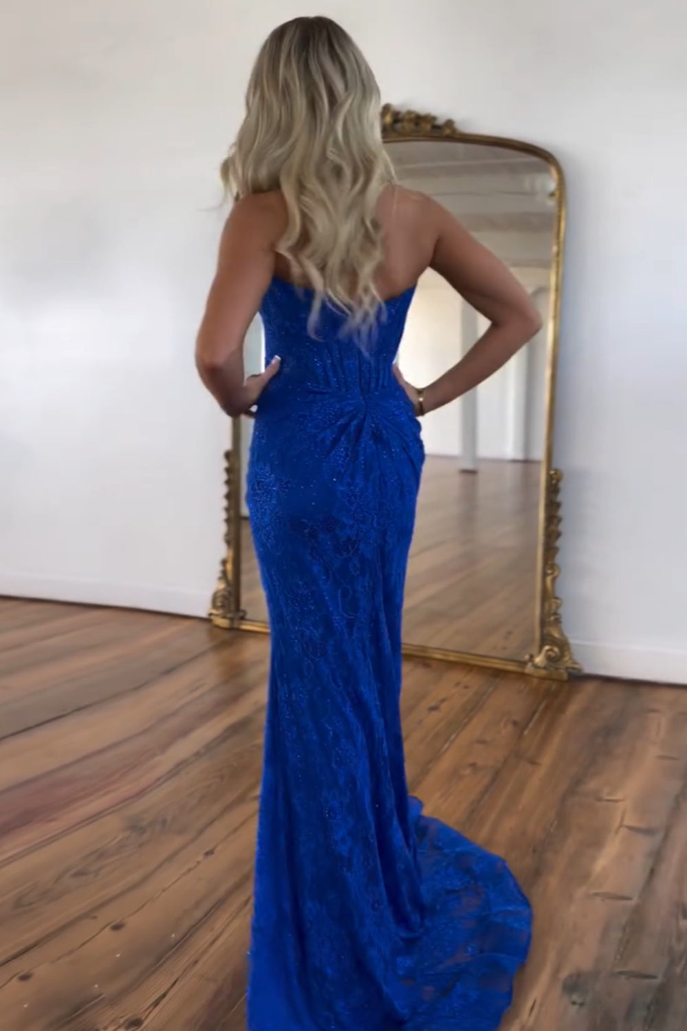 Long Strapless Mermaid Prom Dress in Hot Pink with Lace Corset and Slit