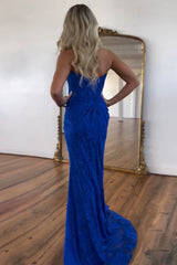 Long Strapless Mermaid Prom Dress in Hot Pink with Lace Corset and Slit