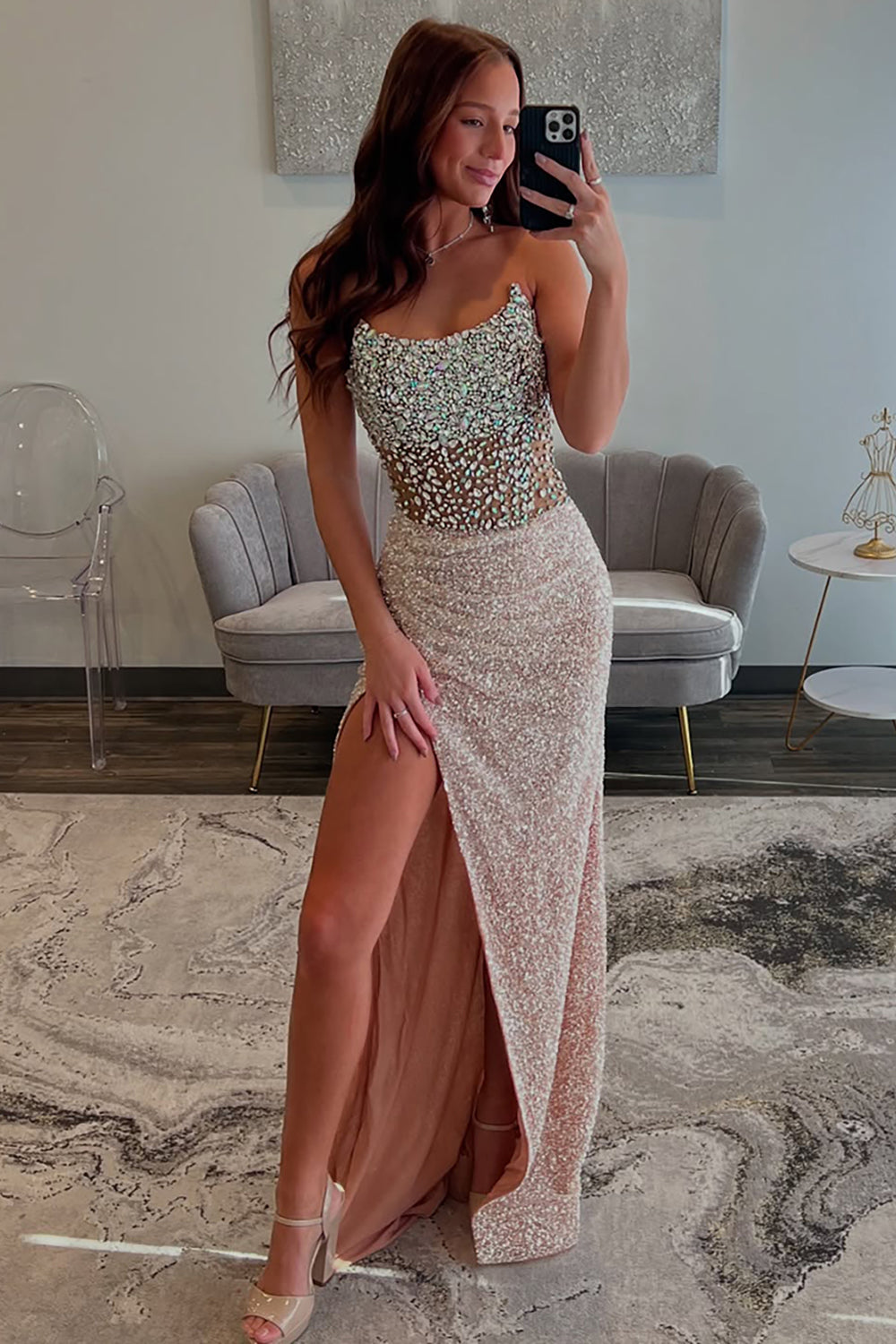 Long Strapless Prom Dress in Sparkly Champagne with Slit – misshow.com Long Strapless Prom Dress in Sparkly Champagne with Slit – misshow.com