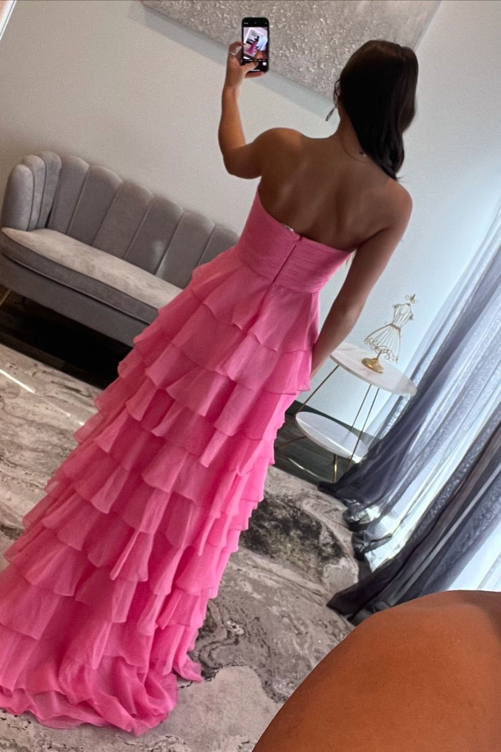 Long Tiered Fuchsia Chiffon Prom Dress with Sweetheart Neckline and Slit