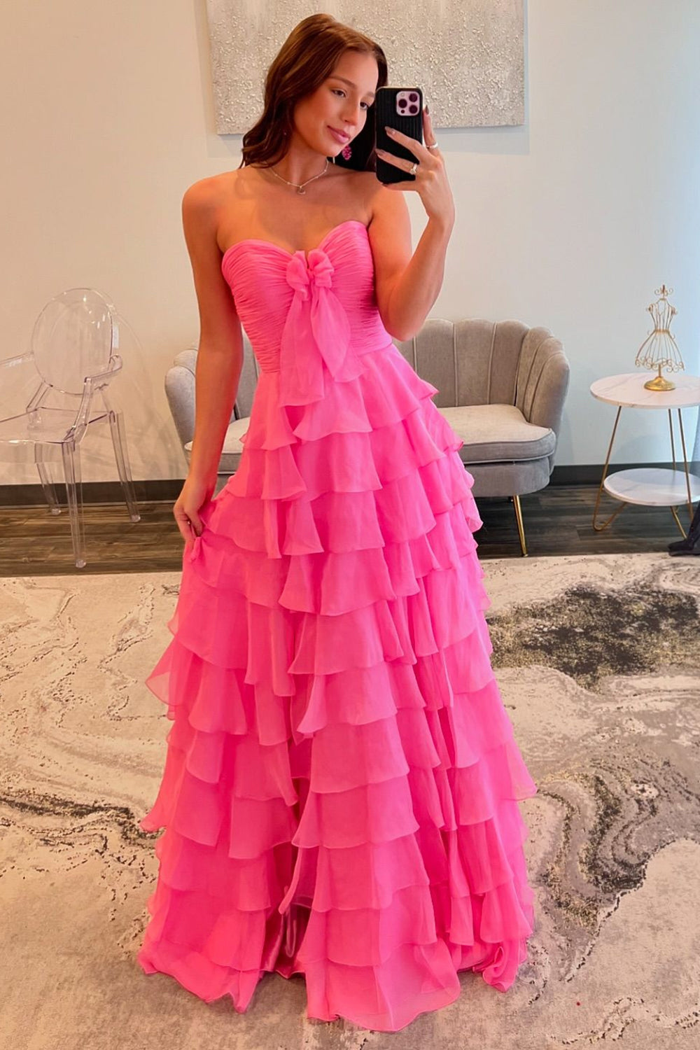 Long Tiered Fuchsia Chiffon Prom Dress with Sweetheart Neckline and Slit