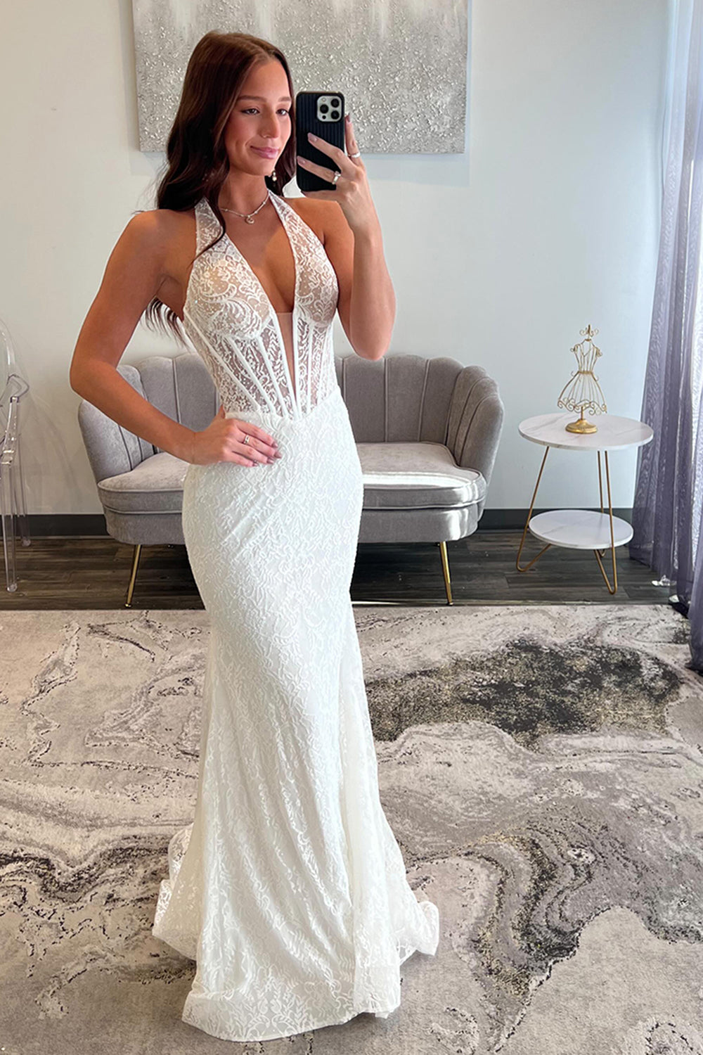 Long V-Neck Corset Prom Dress with Yellow Halter Lace