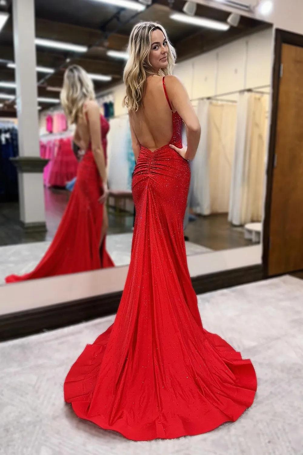 Long V-Neck Mermaid Prom Dress in Sparkly Light Blue with Beaded Details and Slit