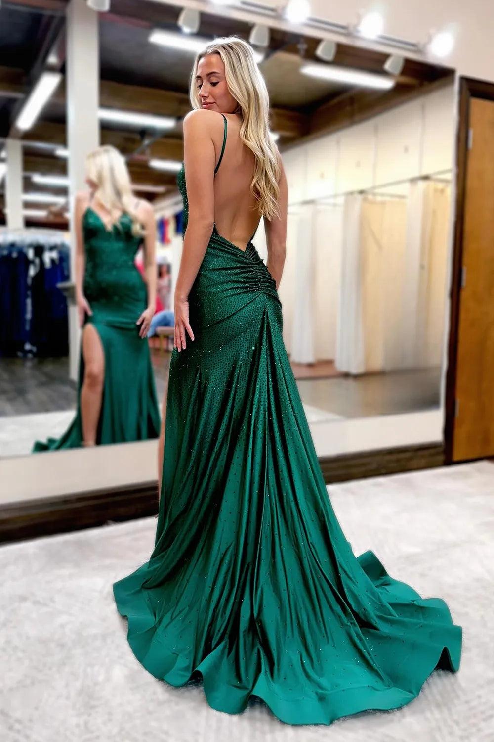 Long V-Neck Mermaid Prom Dress in Sparkly Light Blue with Beaded Details and Slit