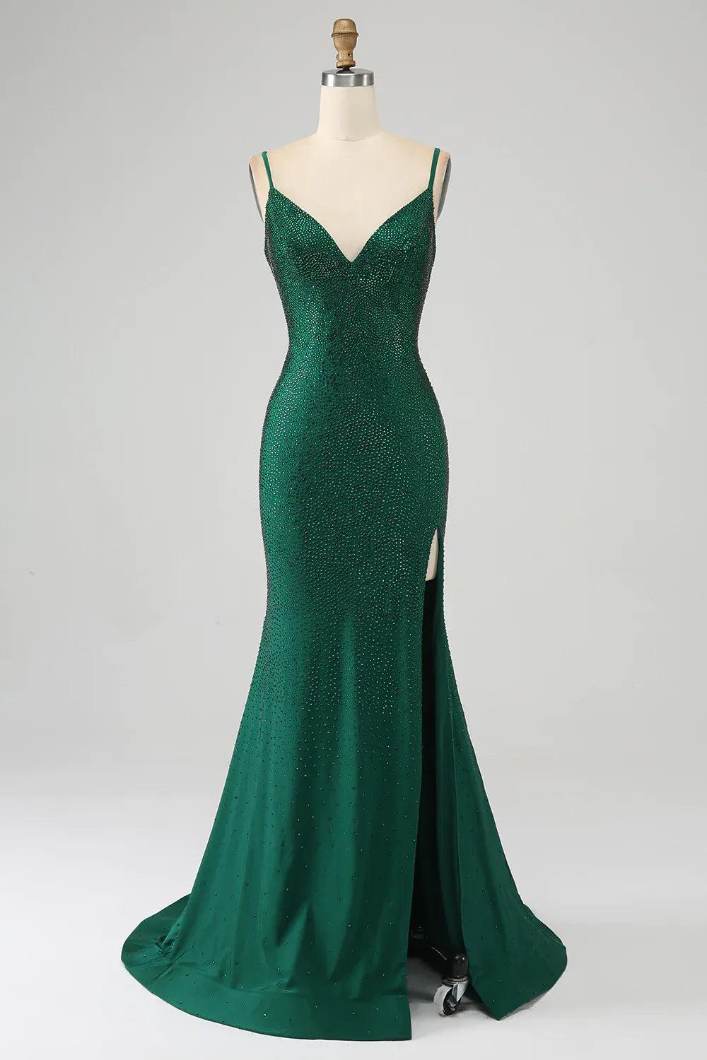 Long V-Neck Mermaid Prom Dress in Sparkly Light Blue with Beaded Details and Slit