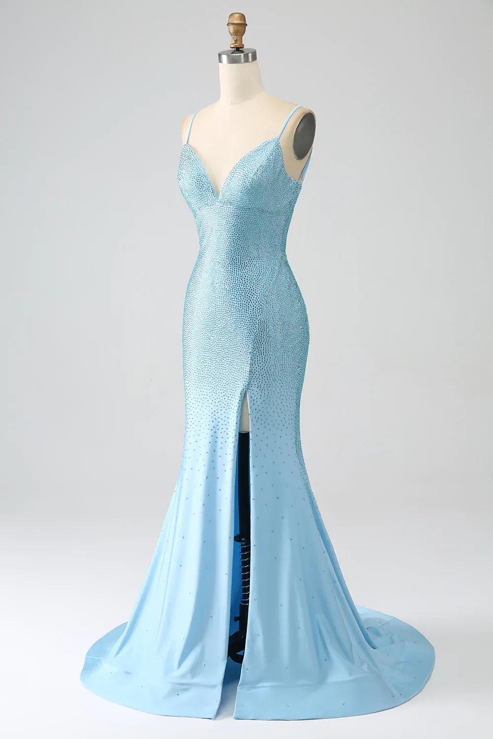 Long V-Neck Mermaid Prom Dress in Sparkly Light Blue with Beaded Details and Slit