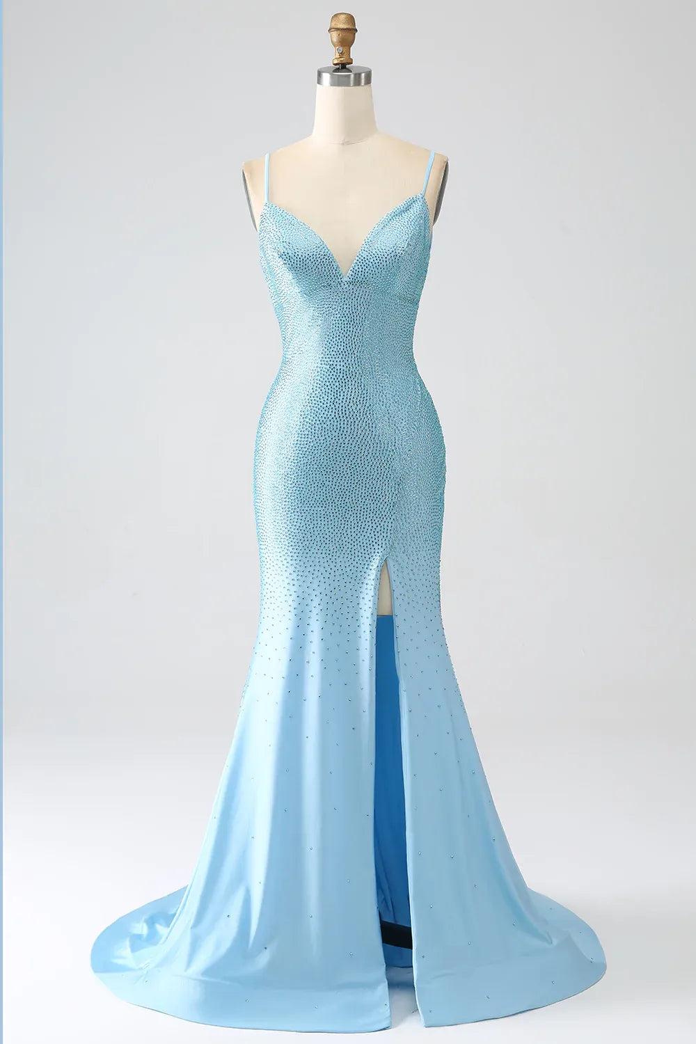 Long V-Neck Mermaid Prom Dress in Sparkly Light Blue with Beaded Details and Slit