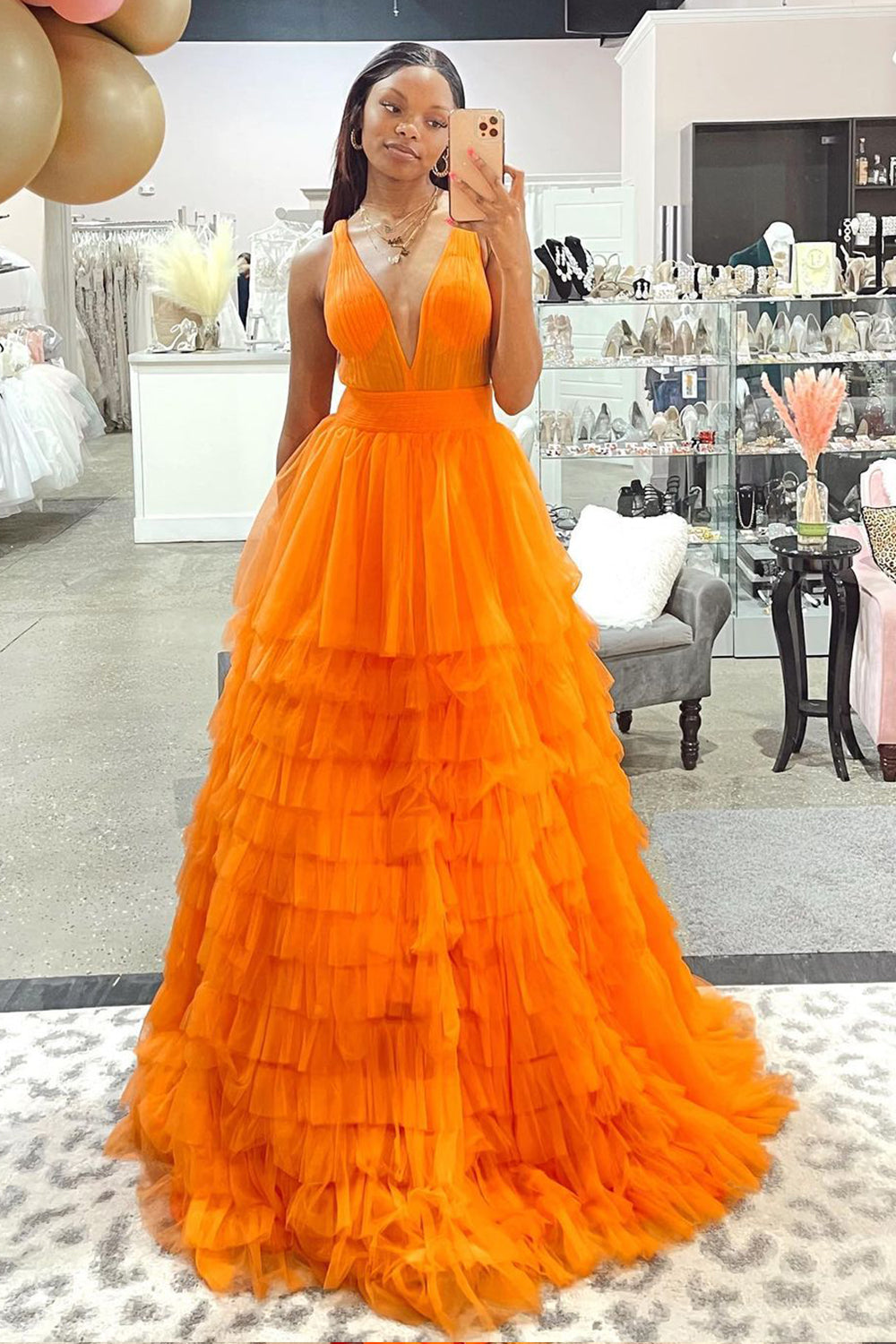 Long V-Neck Prom Dress in Orange Tulle Long V-Neck Prom Dress in Orange Tulle