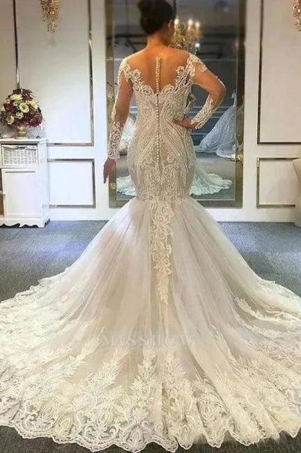 Long sleeves Ivory Sweetheart Fit and Flare Lace Wedding Dress misshow.com Long sleeves Ivory Sweetheart Fit and Flare Lace Wedding Dress misshow.com