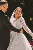 Long sleeves Lace round neck Ball gown Wedding Dress