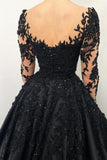 Long sleeves Sweetheart Black Princess Ball gown Evening Dress