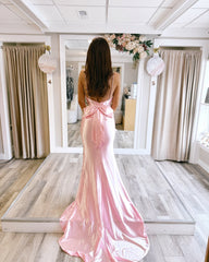 Lovely Long Pink Spaghetti Straps Sleeveless Backless Mermaid Prom Dress with Rhinestones