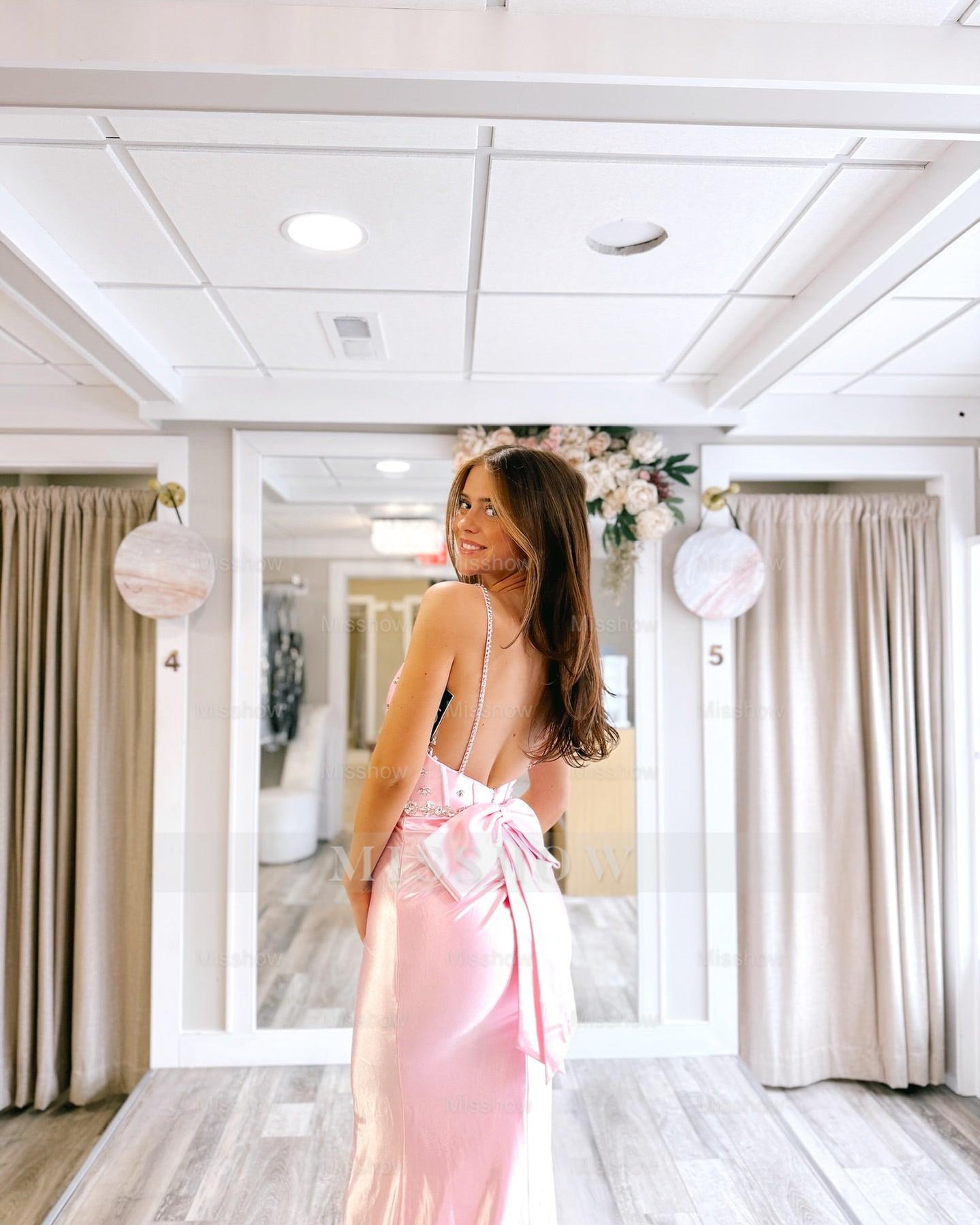 Lovely Long Pink Spaghetti Straps Sleeveless Backless Mermaid Prom Dress with Rhinestones Lovely Long Pink Spaghetti Straps Sleeveless Backless Mermaid Prom Dress with Rhinestones